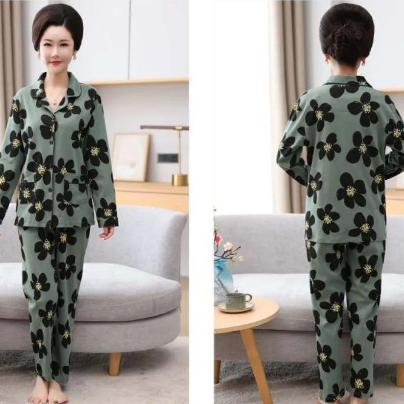 Latest Middle Age Elderly Pure Cotton Pajamas Women Spring Pyjamas Long Sleeve Large Size Sleepwear Set Loose Casual Nightdress