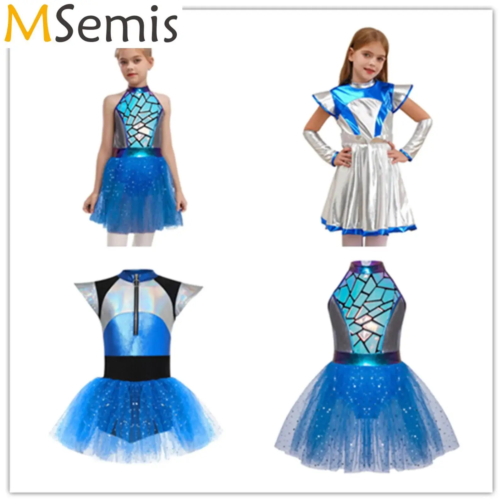 

Kids Girls Alien Robot Outer Space Cosplay Costume Halloween Dress Up Outfits Sequins Adorned Shiny Metallic Mesh Tutu Dress