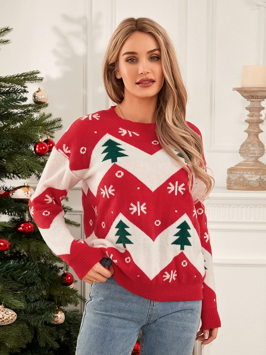 wsevypo Women\'s Winter Sweaters Christmas Tree Print Long Sleeve Round Neck Pullover Tops Casual Loose Xmas Knitwear Jumpers