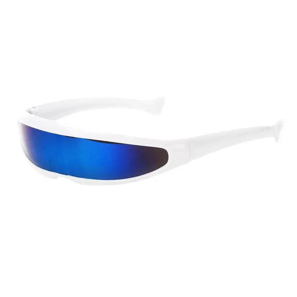 Gespiegelte Single Lens Visier Sonnenbrille Cosplay Brille, weißer Rahmen blau gespiegelt, wie beschrieben