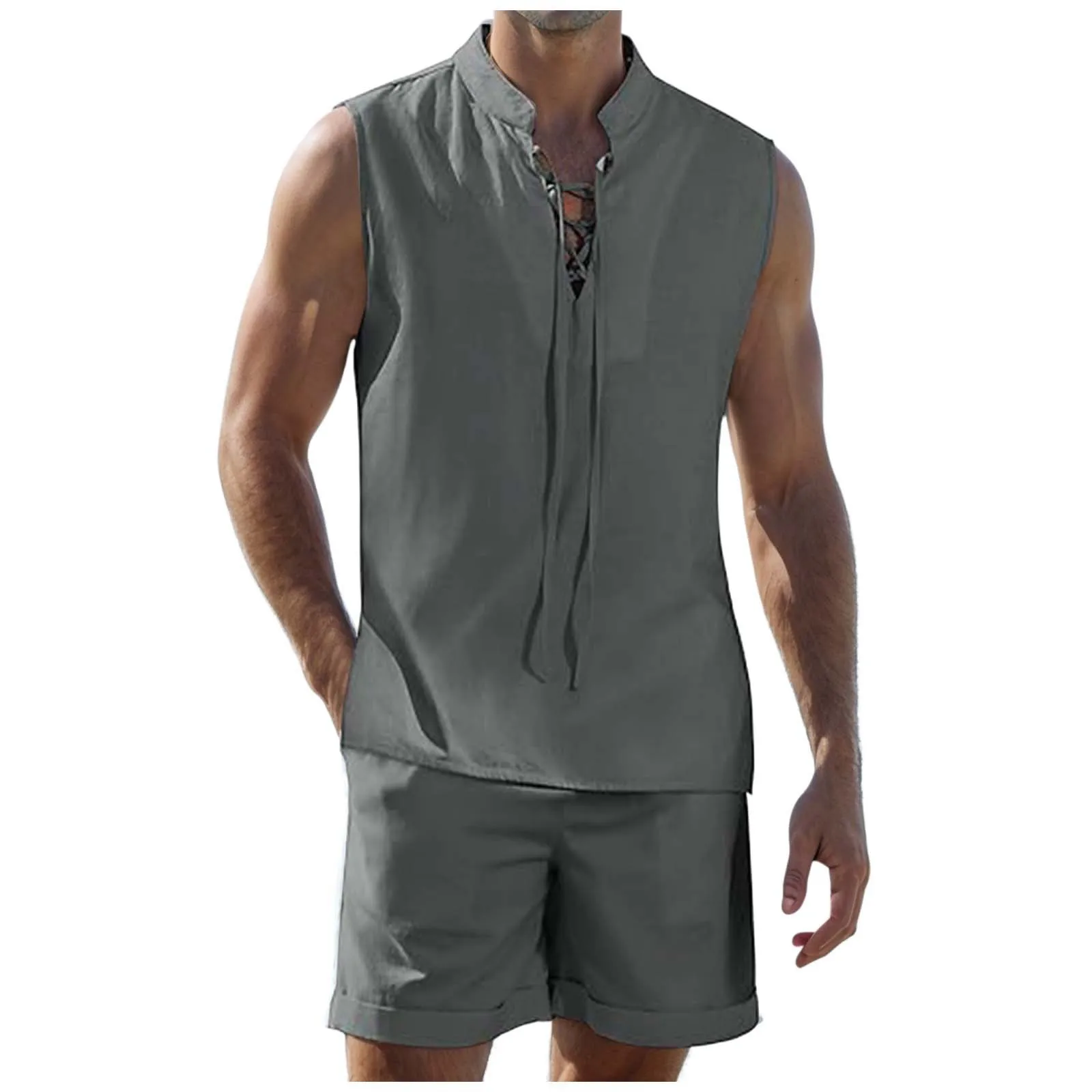 Summer Men\'S Two Piece Set Casual-Shirt And Shorts Set Mens Sports Suit Fashion Linen Tank Tops Tracksuit Sleeveless T-Shirt