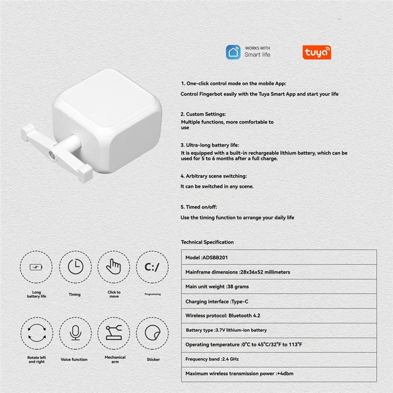 

A73E-Tuya Smart Bluetooth Finger Robot Warp Кнопка переключения Key Приложение Smart Life Голосовое управление через Alexa, Google Assistant