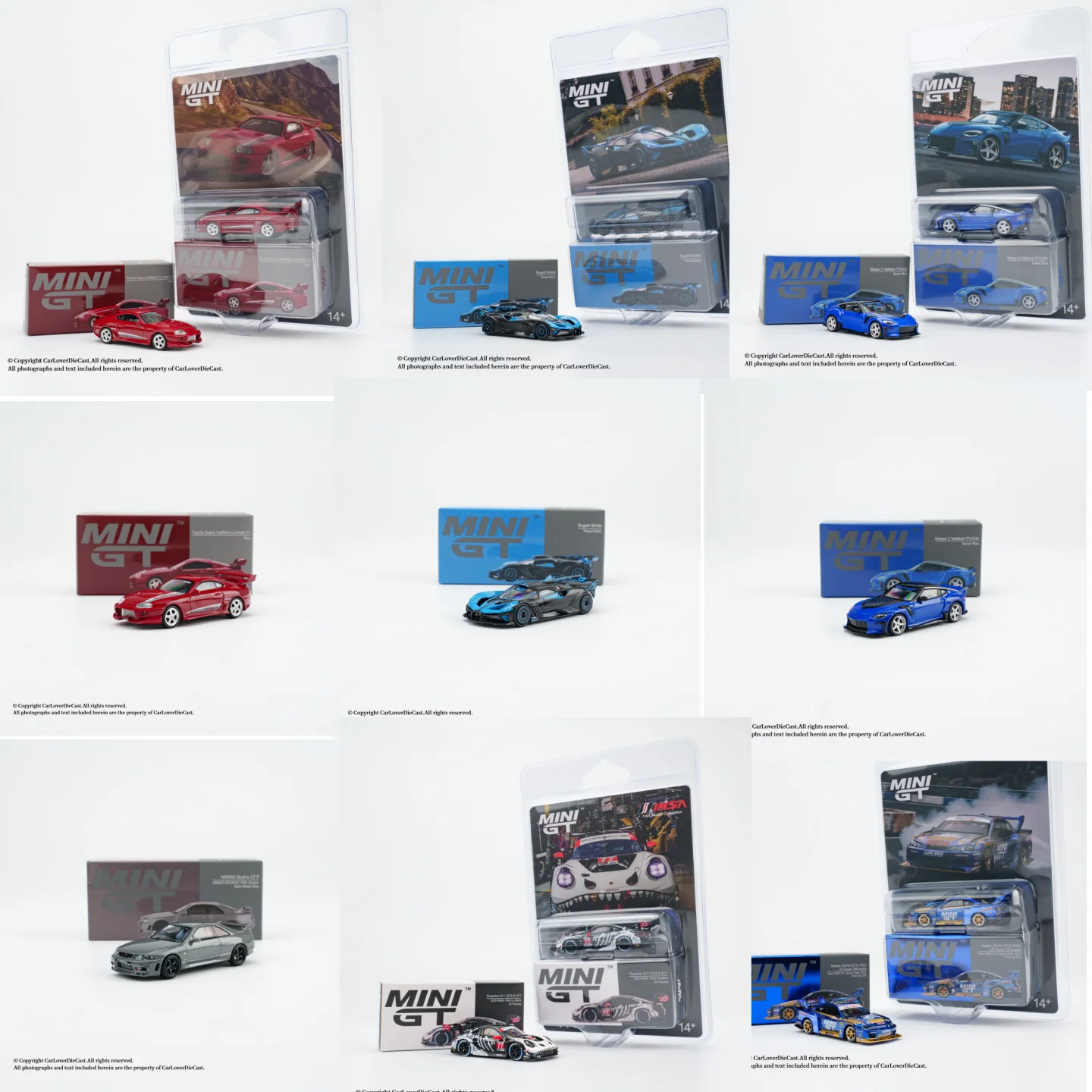 

MINIGT 1:64Porsche 911 GT3 R #77 Nissan Skyline GT-R Nissan LB-Super Toyota Supra Bugatti Alloy Car Model