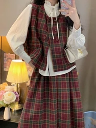 Vintage Fashion Three Piece-Set Women Autumn Button Cropped Vest Plaid Midi Skirt Sets Elegant Casual Chic Design Party Set 2024