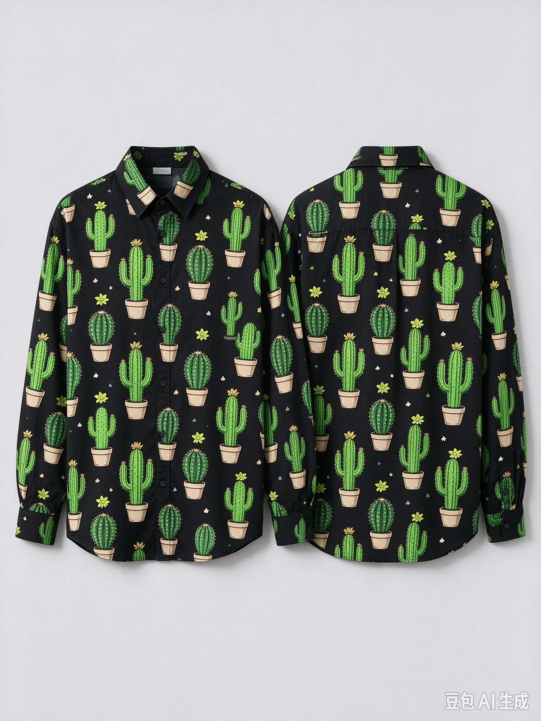 Unisex All Over Cactus Print Long Sleeve Shirt, Loose Button Down Shirt with Front & Back Pattern for Men Women Funny Casual