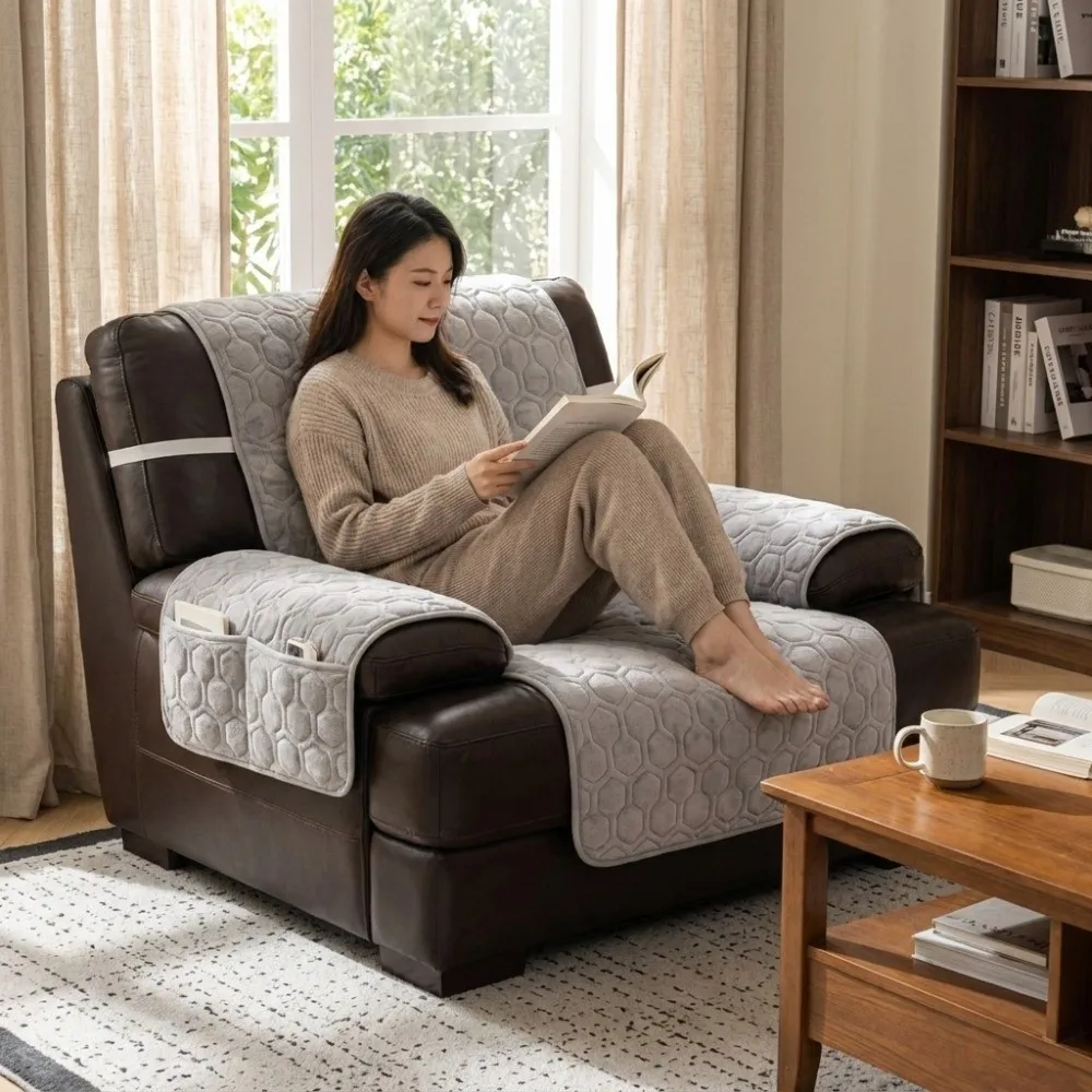 Soft Recliner Cushion Cover Non-Slip Plush Warm Sofa Cover Wear Resistant With Pockets Furniture Protector Armchair