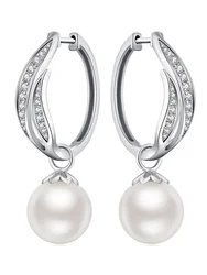 Huitan Graceful Simulated Pearl Drop Earrings Female Wedding Jewelry with Bright Zirconia Luxury Aesthetic Accessories for Women