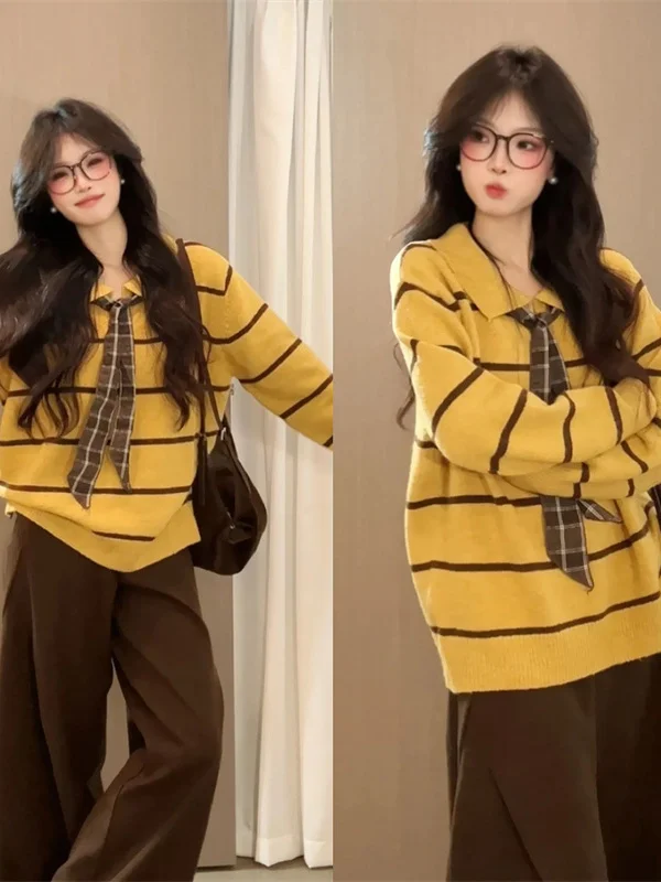

Loose Women's Yellow Ne Striped Sweater Autumn New Sle Korean Lazy Faion Knitted Top Sweet Sle Pure E-commerce