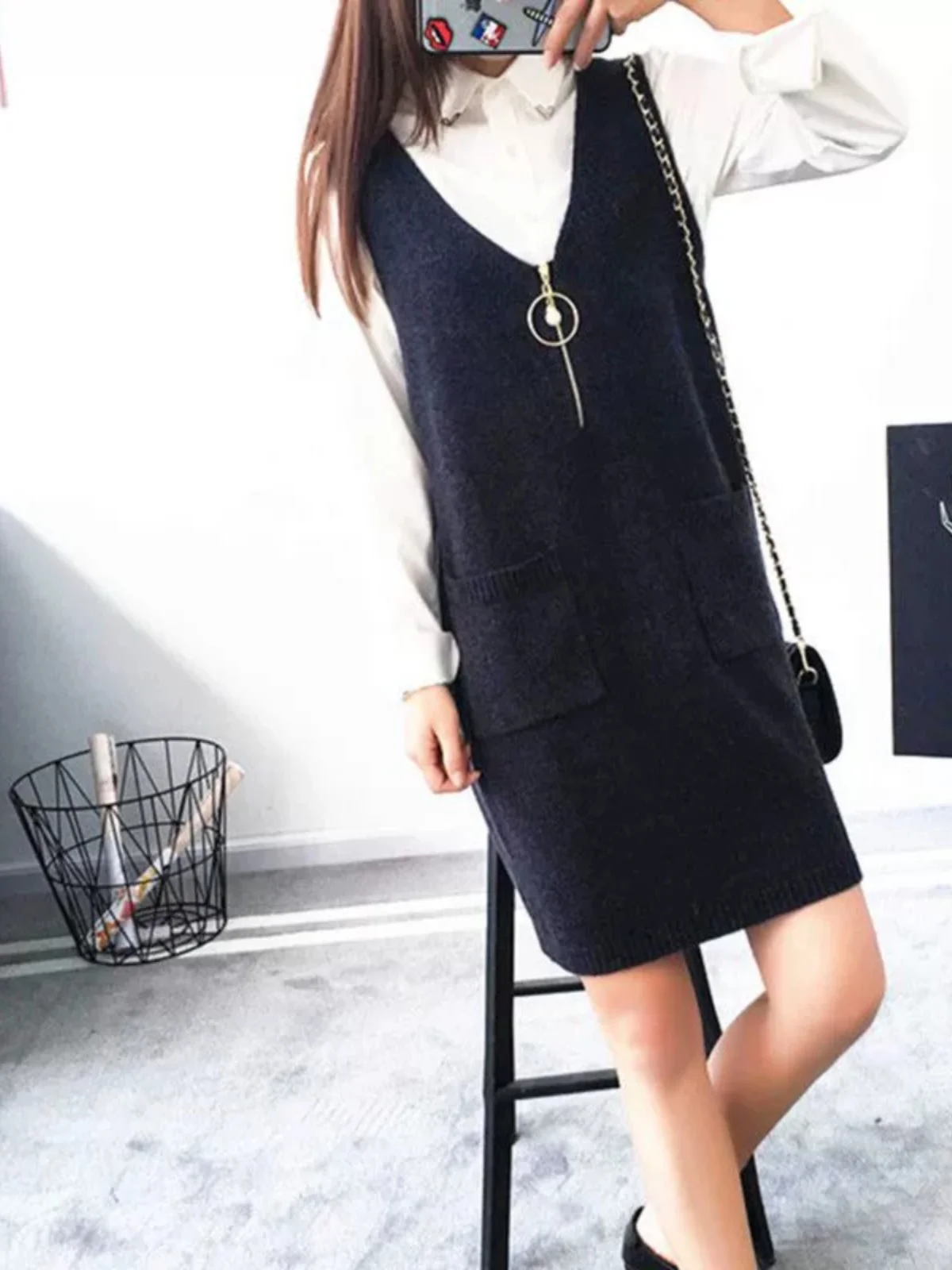 Outono inverno feminino camisola de malha colete midi dr solto coreano sle outerwear camada base regata dr