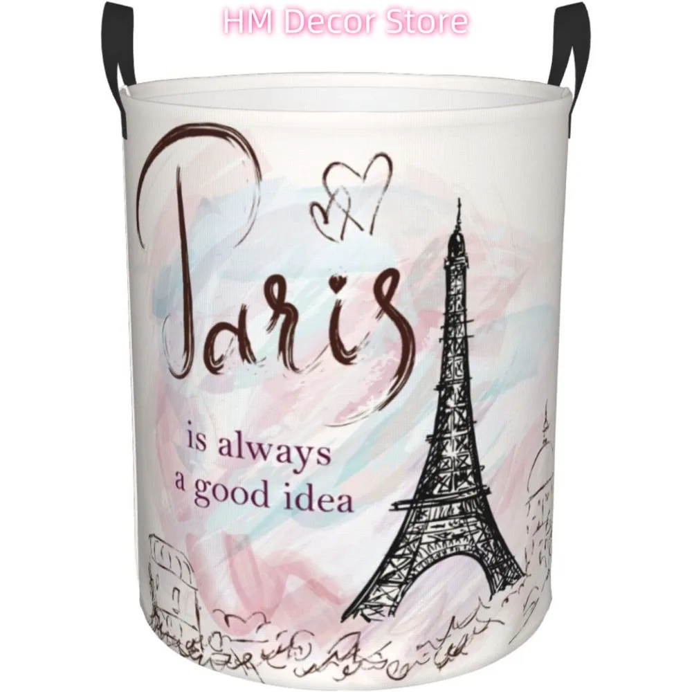

Paris Eiffel Tower Laundry Basket with Handle Waterproof Collapsible Cloth Hamper Round Storage Basket for Bathroom Bedroom Coll