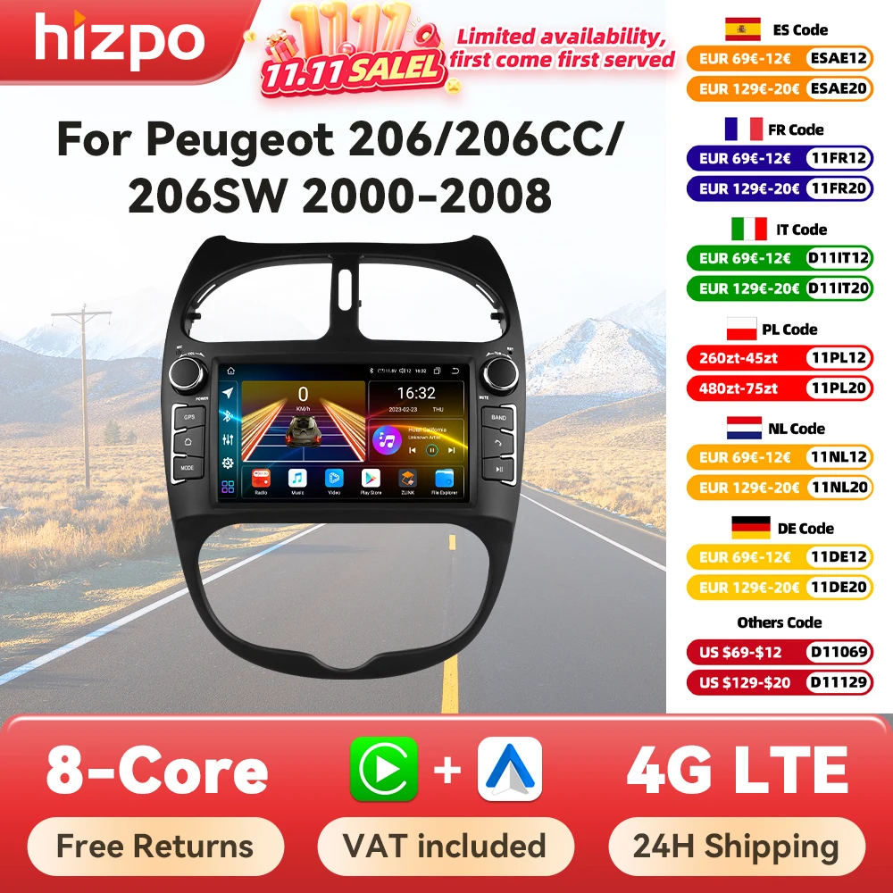 Hizpo 7" Car Radio Android for Peugeot 206 206CC 206SW 2000-2008 Multimedia Carplay Player 2Din Stereo Autoradio Navigation GPS