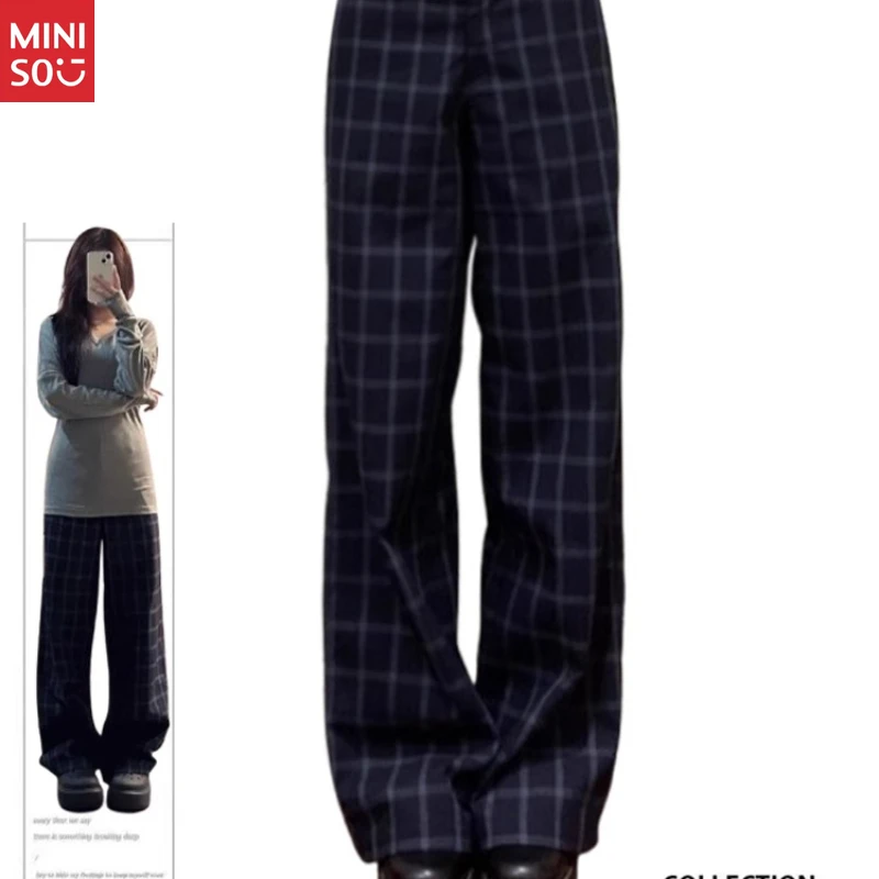

Miniso Plus Size Low Rise Plaid Pants, 2025 American Vintage Trousers, Loose Straight Leg