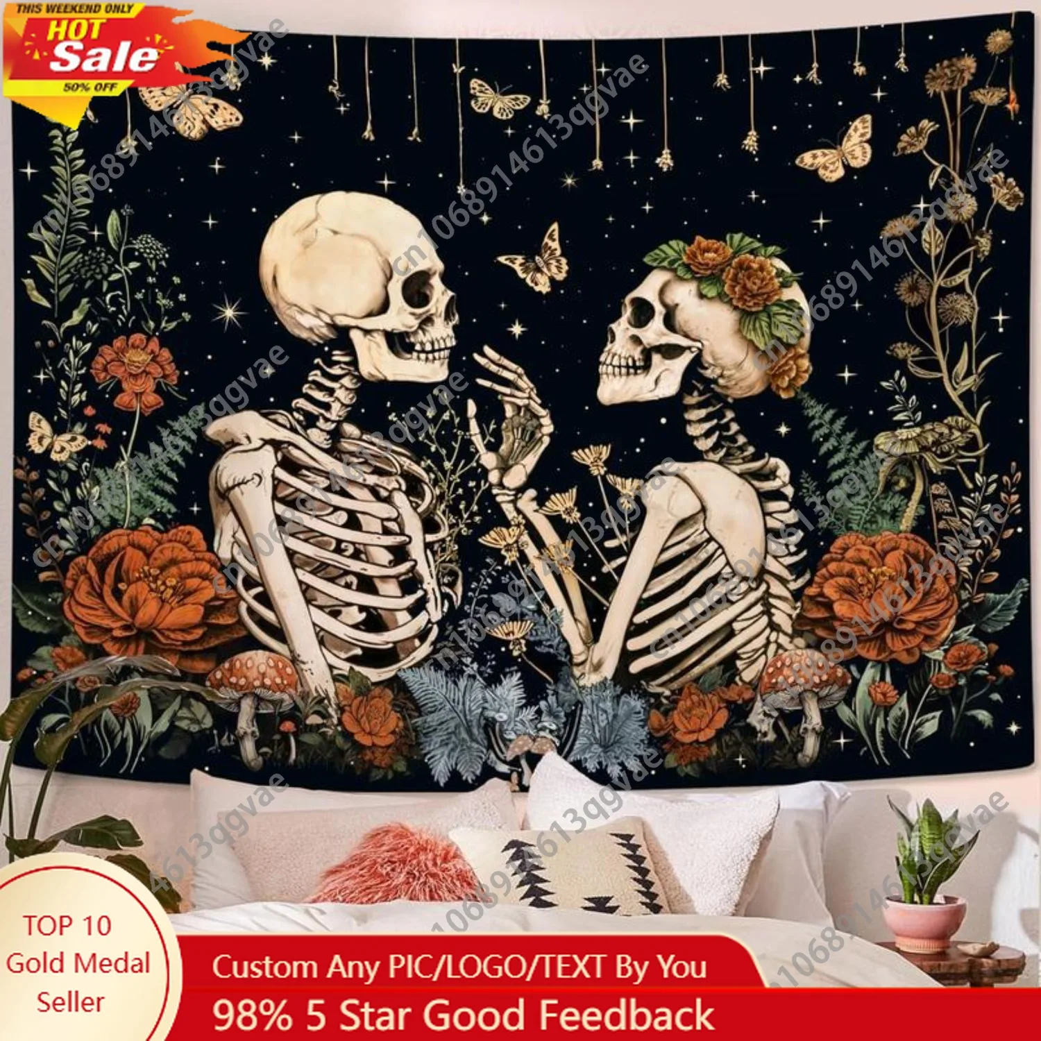 

Floral Skeleton Tapestry for Bedroom Aesthetic Tapestries Skull Lover Tapestry Wall Hanging for Bedroom Living Custom Decoration