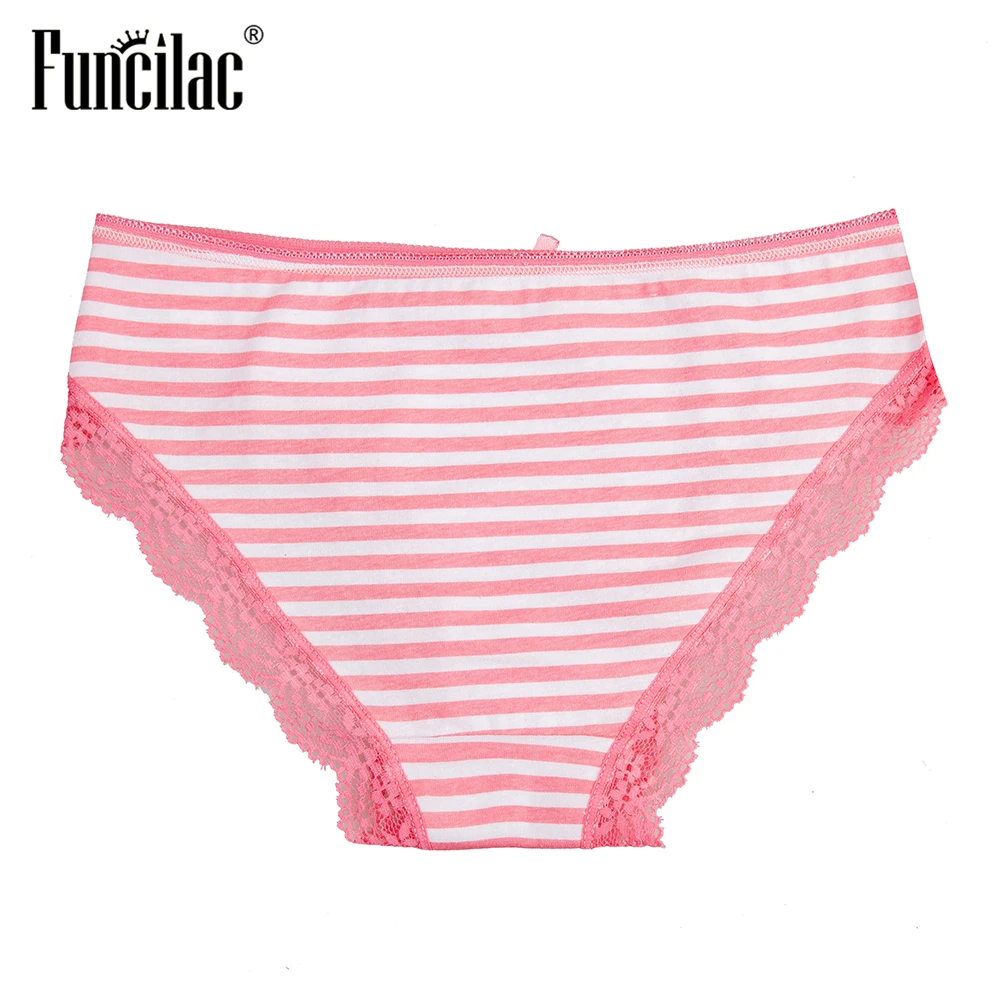 Underwear Women Cotton Ladies Panties Sexy Lace Striped Briefs Simple Pink Calcinha Plus Size Lingerie  3 pcs/set