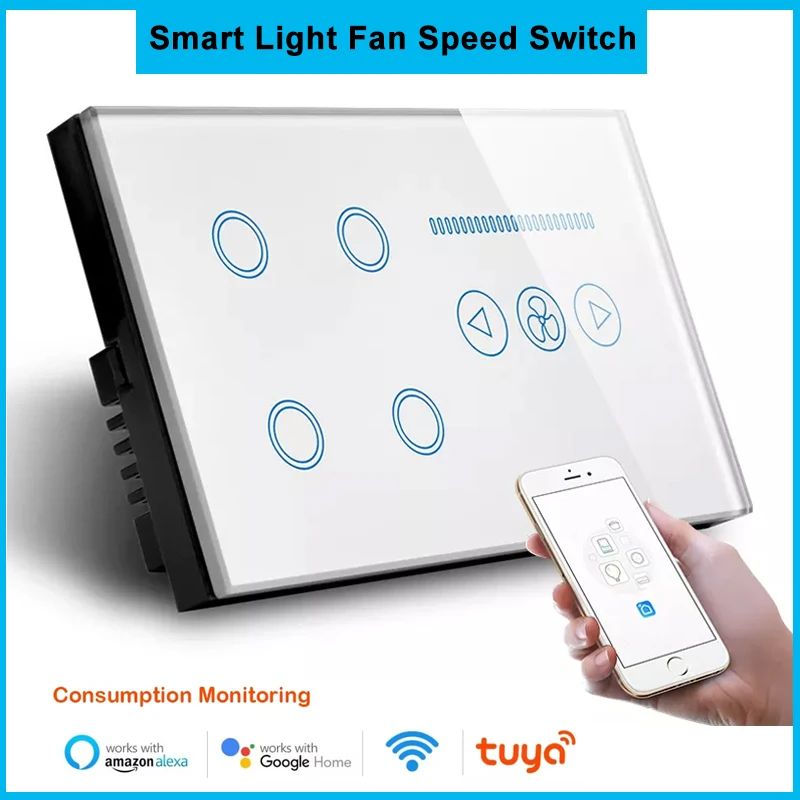 

147 Tuya WiFi RF 4 Gang Smart Light Fan Speed Switch Interruptor Glass Touch Panel Power Metering Switch Remote by Google Alexa