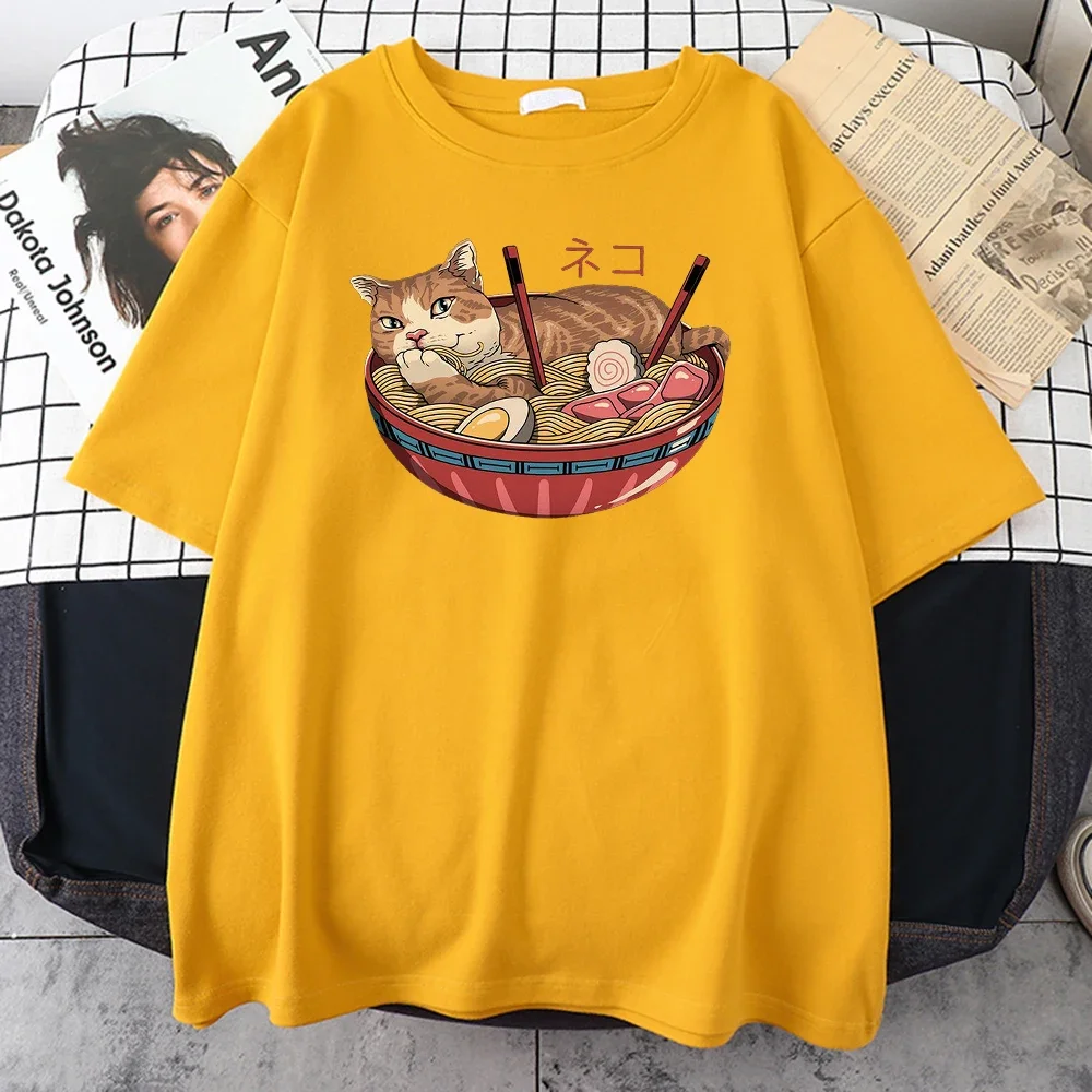 القطط الحب المعكرونة طباعة المرأة تي شيرت الملابس Harajuku عادية طاقم الرقبة القمم كامل الرياضيات تنفس المرأة تي شيرت الجرافيك #4