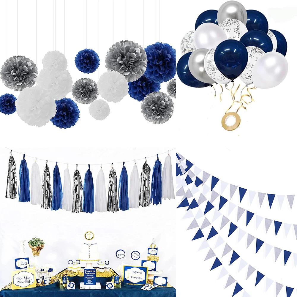 Navy Blue White Silver Party Decorations Royal Blue Paper Pom Pom Flowers Banner for Birthday Baby Shower Nautical Anchor Pirate