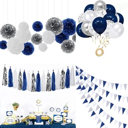 Navy Blue White Silver Party Decorations Royal Blue Paper Pom Pom Flowers Banner for Birthday Baby Shower Nautical Anchor Pirate