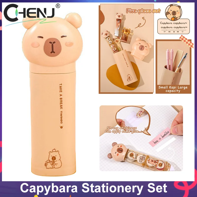Set di assortimento di cancelleria per capibara da 5 pezzi, astuccio per matite, righello, gomma, nastro di correzione, set di temperamatite, regali per studenti