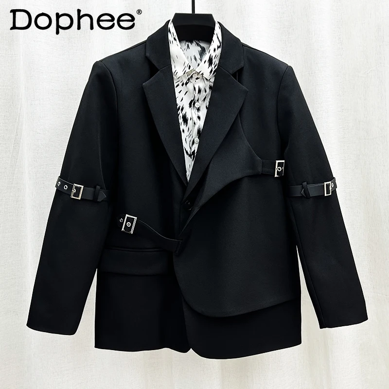 

2024 New High-End Stitching Bandage Long Sleeve Suit Jackets Men's Trendy Handsome Male Black Loose Suit Coats Fashion Blazers