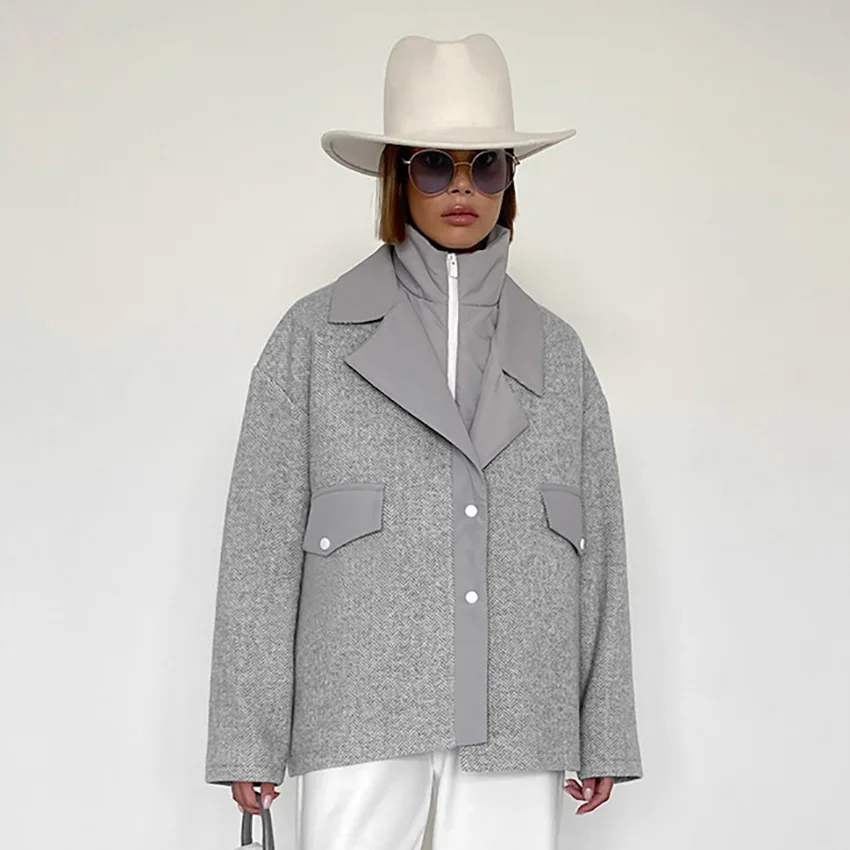 

Grey standing collar warm suit design with a textured woolen jacket