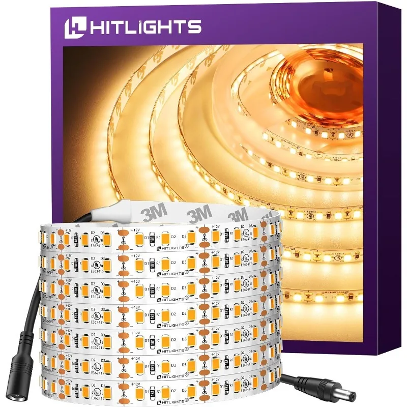 

HitLights LED Strip Lights Warm White 3000K, 16.4ft High Density Tape Light, UL-Listed, 600 LEDs, 300Lm/ft, 12V Flexible Dimmabl