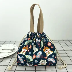 Cute Cartoon Print Bento Bag Casual Drawstring Portable Tote Lunch Bags Canvas Food Picnic Bags Lunch Bags for Work