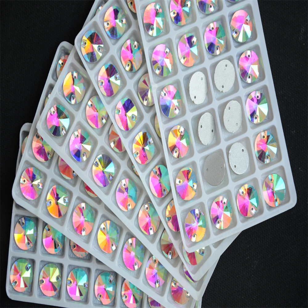 Großhandel Crystal AB Rivoli zum Aufnähen, Stein, flache Rückseite, 2 Löcher, 8,10,12,14,16,18 mm, runde Glas-Nähkristallperlen, Kleiderherstellung – Detail 4