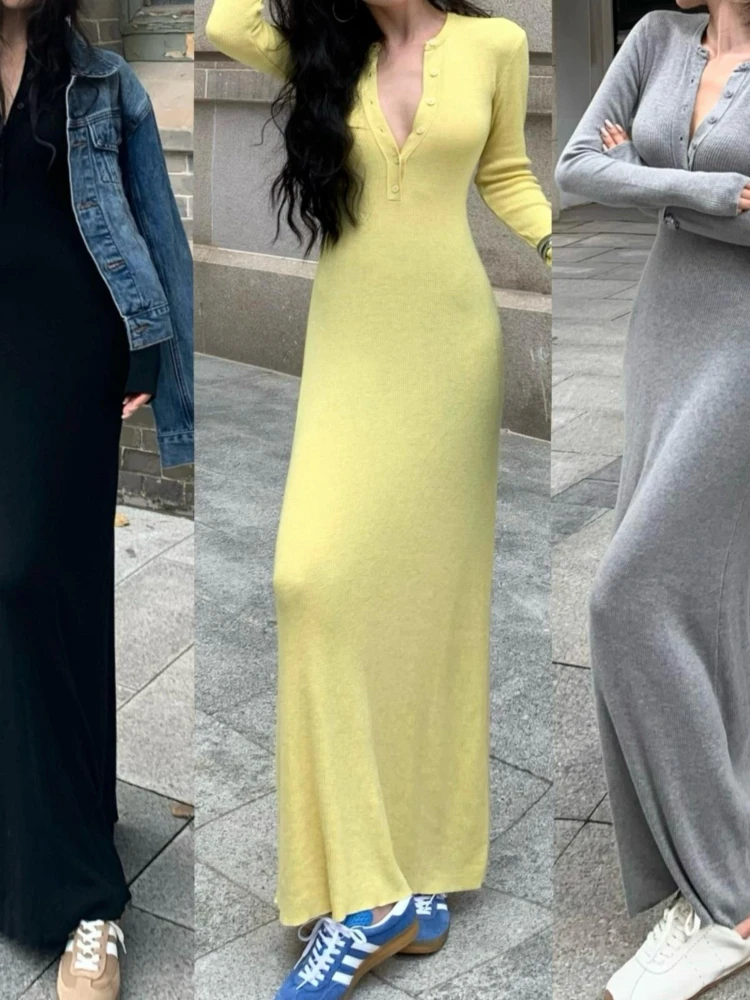 النسخة الكورية الصلبة سليم صالح فستان محبوك بأكمام طويلة المرأة الخريف مزاجه ضيق حقيبة الخصر عادية الورك تنورة طويلة