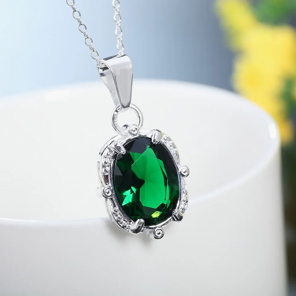 Charms Wedding Green Crystal 925 Sterling Silver For Women Necklace Jewelry Silver Jewelry Fashion Cute Pendant Necklace
