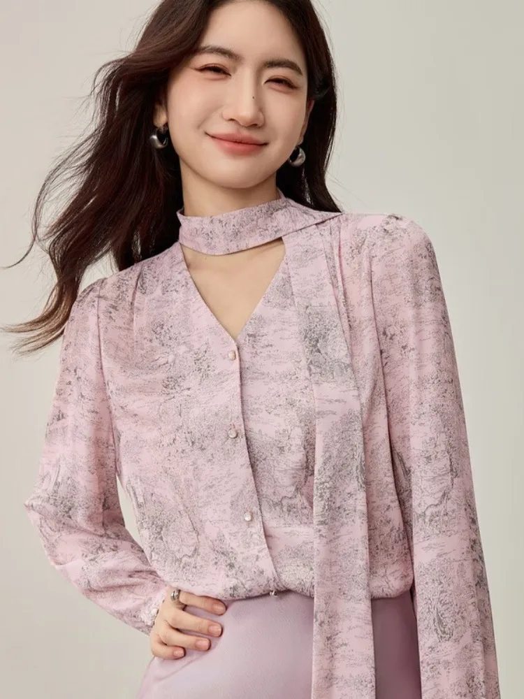 SENTUBILA エレガントなレディースブラウス 2025年秋 レースアップ Vネック メタルビーズバックル ルーズトップス 長袖シフォンシャツ 153VC2613