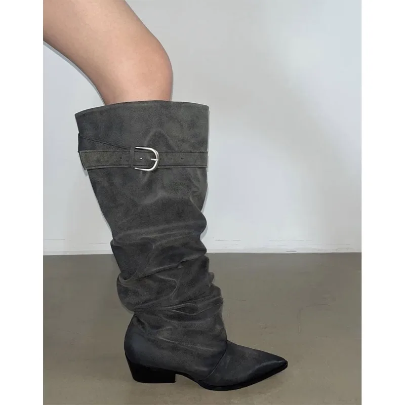 2026 Autumn Pointed Toe Pleated Pile Boots Women's Vintage Large Barrel Belt Buckle High Knight Boots