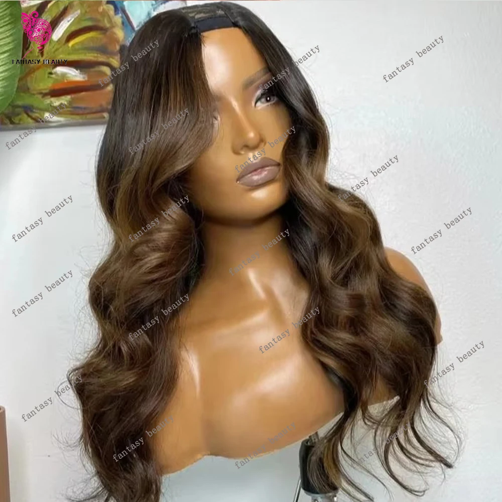 

Super Long 30Inch Body Wavy Dark Brown Chocolate Human Hair 1x4 Middle V part Wigs for Black Women Highlight Ombre Glueless Wig