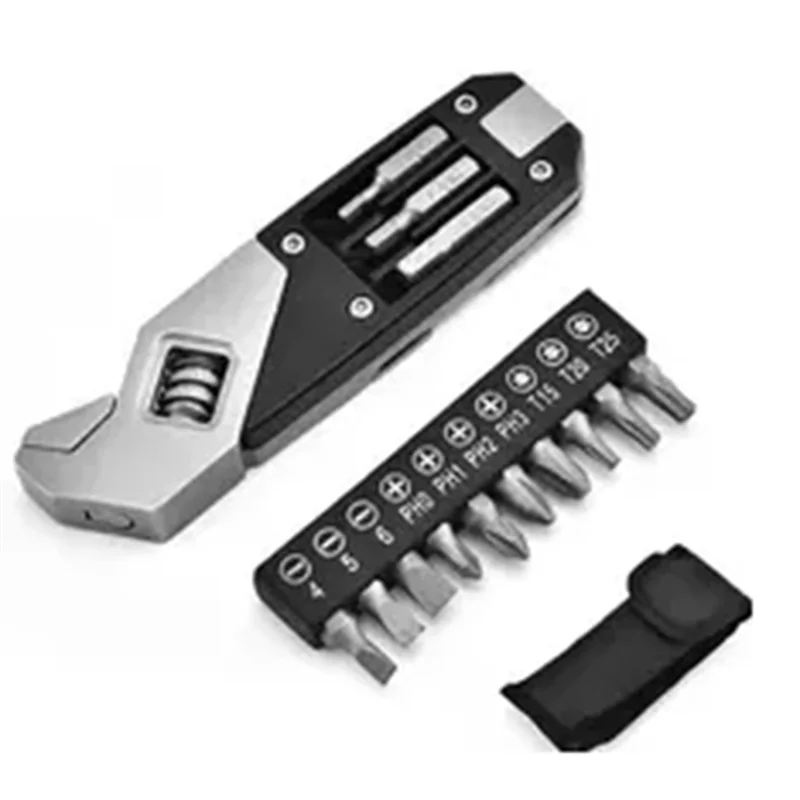 

17-in-1 Stainless Steel Adjustable Wrench Foldable Pocket Multi Tool Multifunctional Spanner Screwdriver Bits Kit