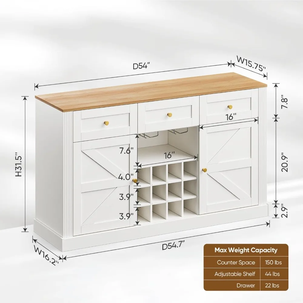 Farmhouse bar cabinet with wine rack and glass rack, 3 drawers, modern, rural buffet utensil cabinet with entrance channel