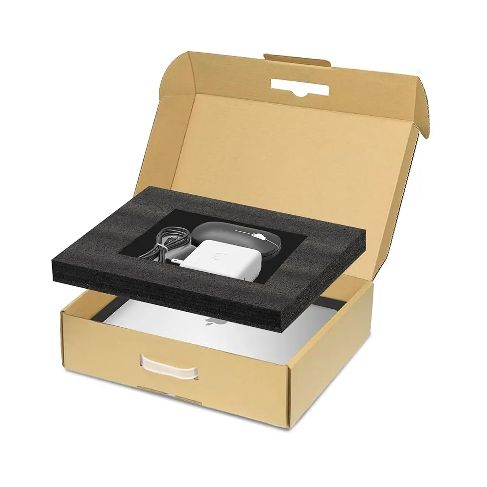 

Laptop Shipping Box with Handle, Corrugated Mailer for 17 Inch Notebook Transport, Protective Foam Inserts and Separate Acces