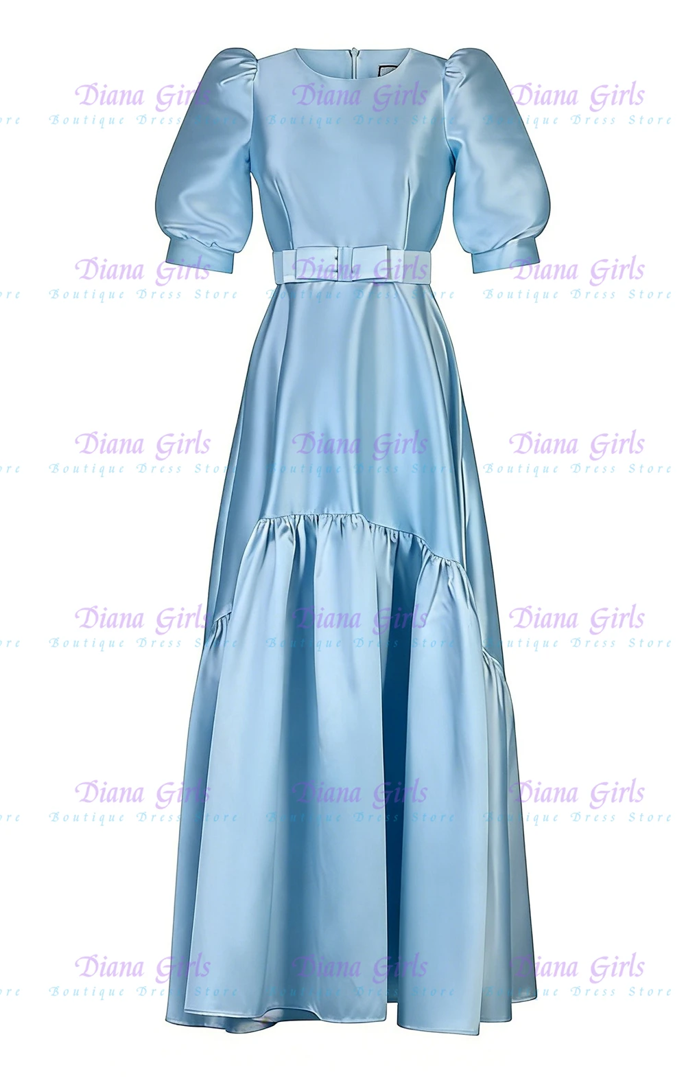 

Elegant Girls Flower Girl Dress Quality Blue Satin Fluffy with Belt for Wedding Ball Dresses Kids Birthday Party Evening Gowns
