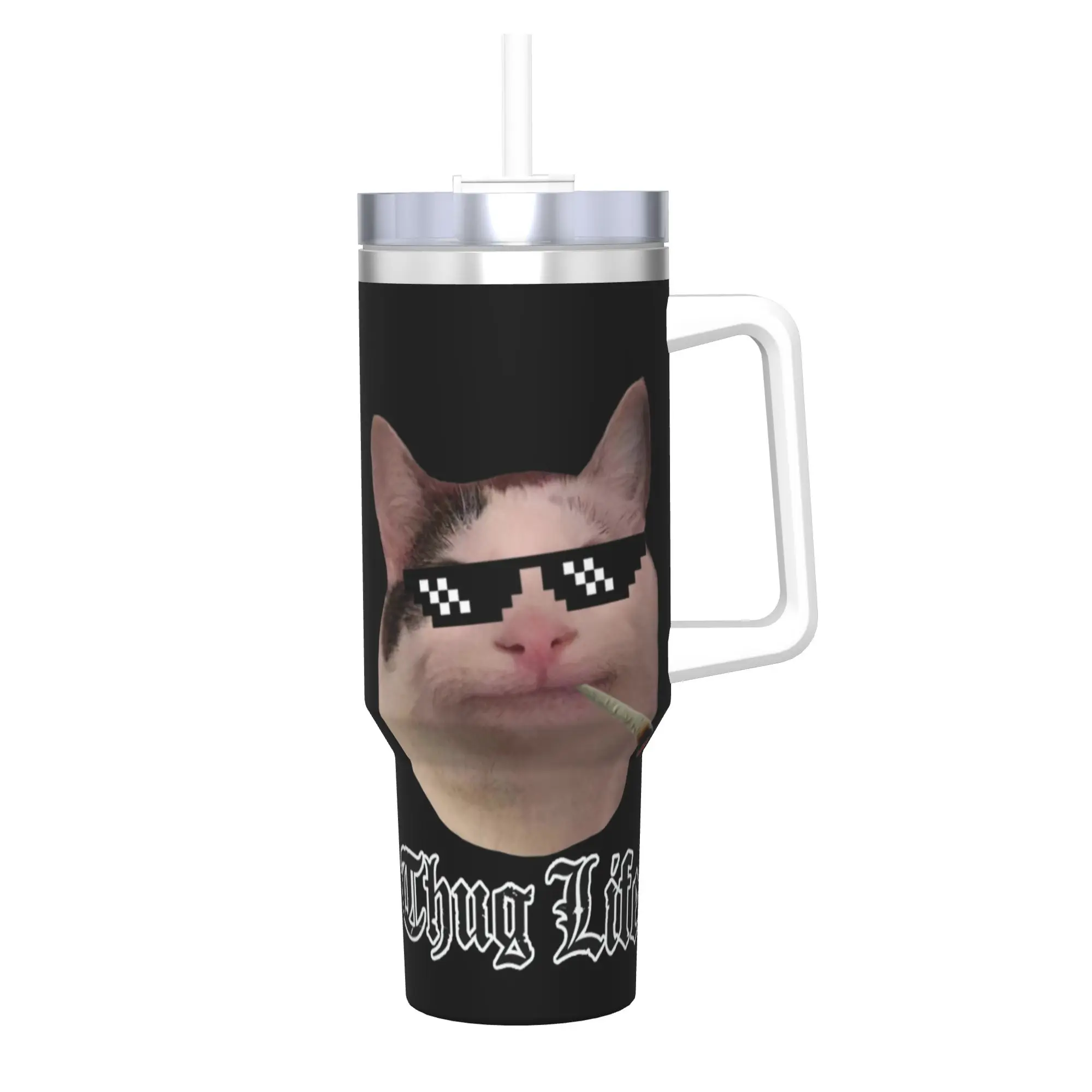 40oz Thug Life Smiling Beluga Cat Vacuum Insulated Tumbler Internet Viral Joke Handle Mug Office Print Double Walled Cup Thermal