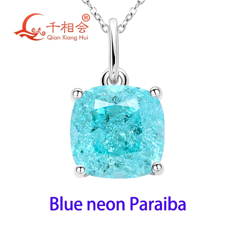

9mm cushion shape lab grown YAG neon Paraiba blue and green S925 Silver four-Claw Pendant Jewelry gift necklace