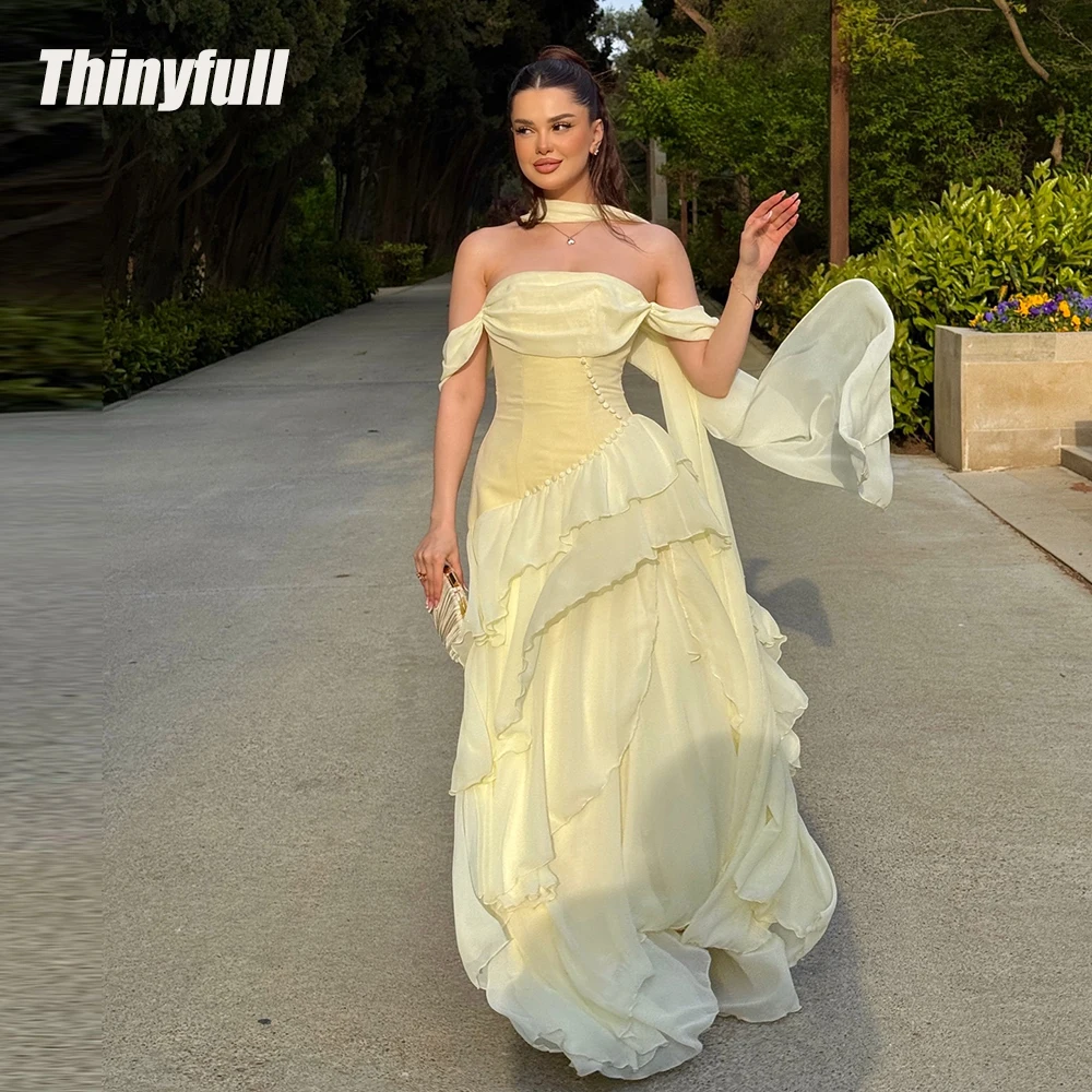 

Thinyfull A-line Chiffon Arab Prom Dresses Off Shoulder Ruffles Evening Dress Vestidos De Fiesta Elegantes Party Gown Customized