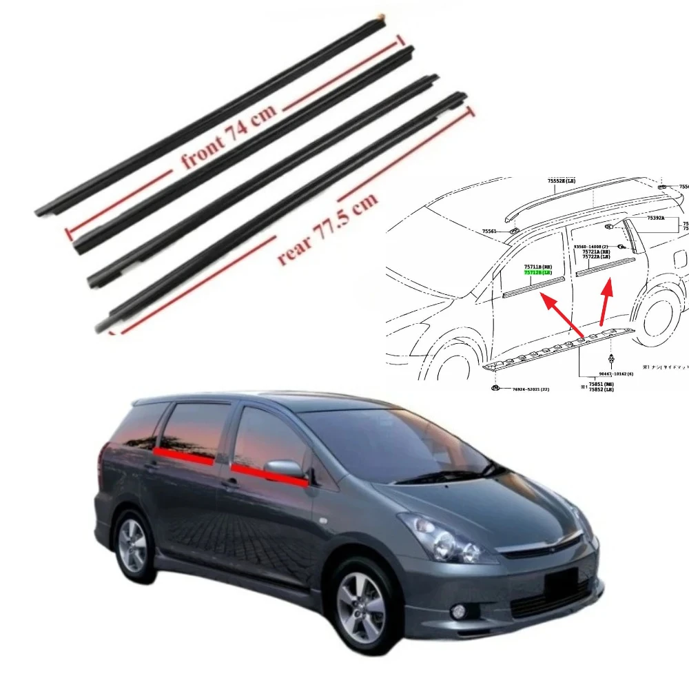 

4 Pcs Outside Window Rubber Glass Protector for Toyota Wish 2003-2008 Waterproof Weatherstrip Seal 74cm 75cm 75712-68011