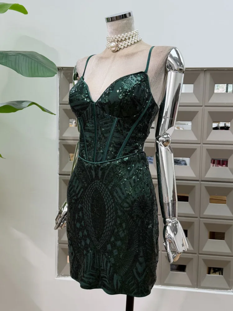 DFDG Damen 2025, Frühling und Sommer, sexy V-Ausschnitt, Pailletten-Cami-Kleid, schmale Passform, figurbetont, Wickel-Taille, Abendparty, Minikleid