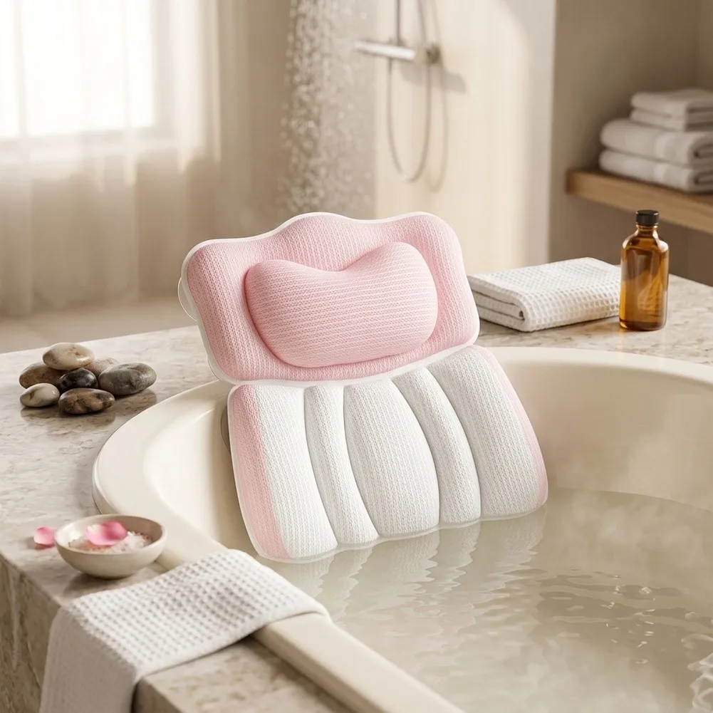 Bathtub Pillow with Ergonomic Support for Neck and Back - 4D for Air Mesh Material and 6 Suction Cups for Stable Bath Relaxation