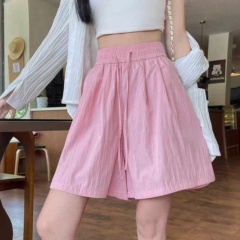 Nuove donne di seta del ghiaccio vacanza al mare pantaloni corti Lady comodi pantaloncini larghi a vita alta pantaloni larghi con coulisse solidi femminili