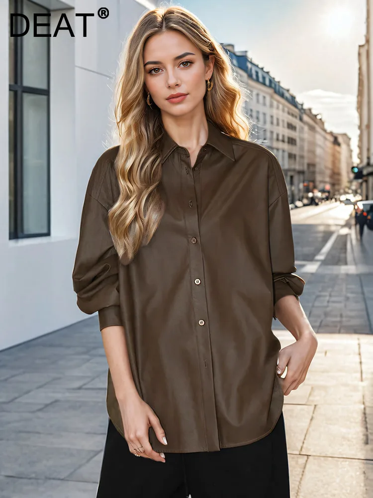 DEAT Fashion Women's PU Leather Shirt Lapel Loose Single Breasted Long Sleeves Brown Blouse Autumn 2024 New Tide 7AB5446