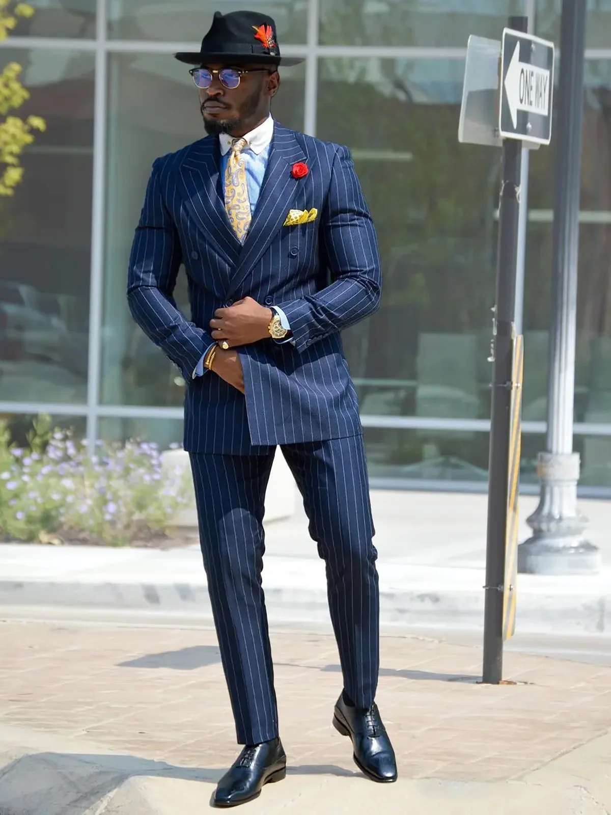

2025 Spring Stripe Navy Blue Suits for Men Slim Fit Peaked Lapel Double-Breasted Business Man Suit Trajes De Hombre Men Suits