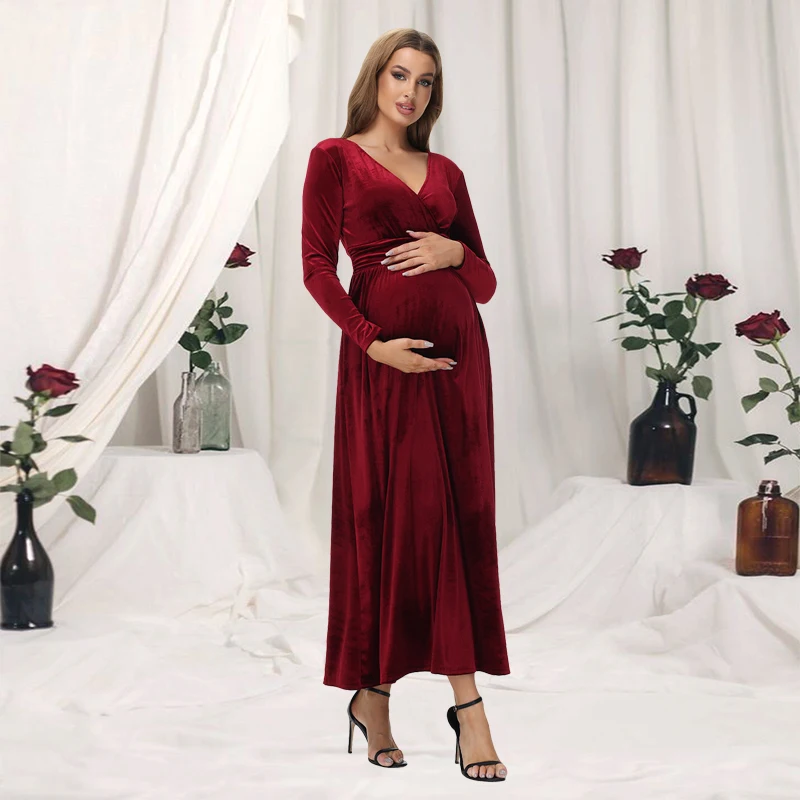

Maternity Photography Dress Velvet Long Sleeves V-Neck High Waist Gown For Wedding Baby Shower Photo Shoot