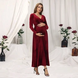 Maternity Photography Dress Velvet Long Sleeves V-Neck High Waist Gown For Wedding Baby Shower Photo Shoot