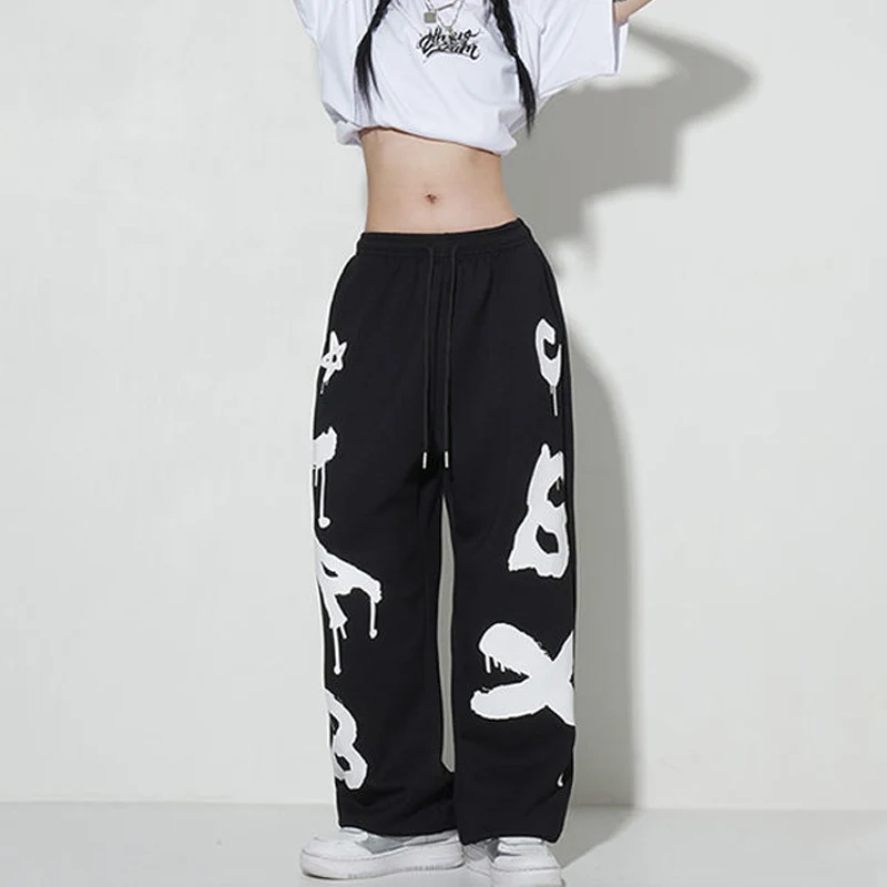 Leggings soltas estampadas com letra para mulheres, moda streetwear legal, calça de perna larga, moletom de dança hip-hop, moda cool, estilo euro-americano