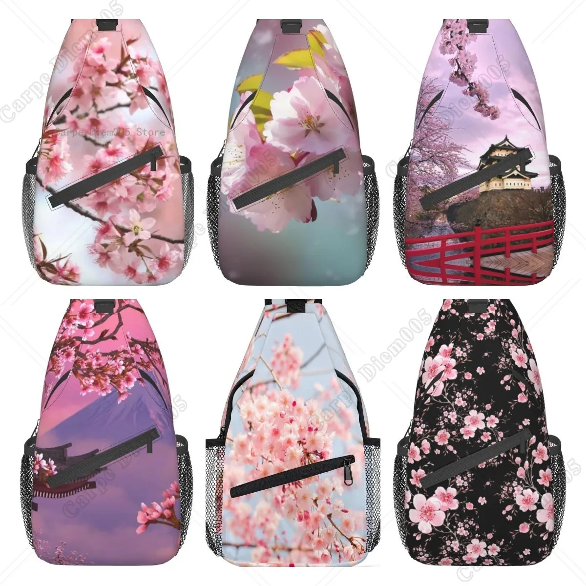 Cherry Blossom Crossbody Rope Triangle Rucksack Canfeng Sling Backpacks Travel Hiking Daypack Rope Crossbody Shoulder Bag